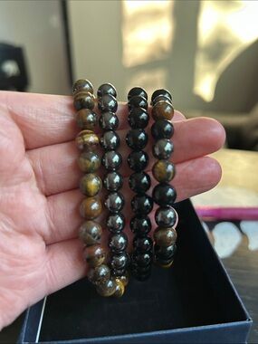 Tiger Eye and Hematite Beaded Bracelet Set - Brown and Black